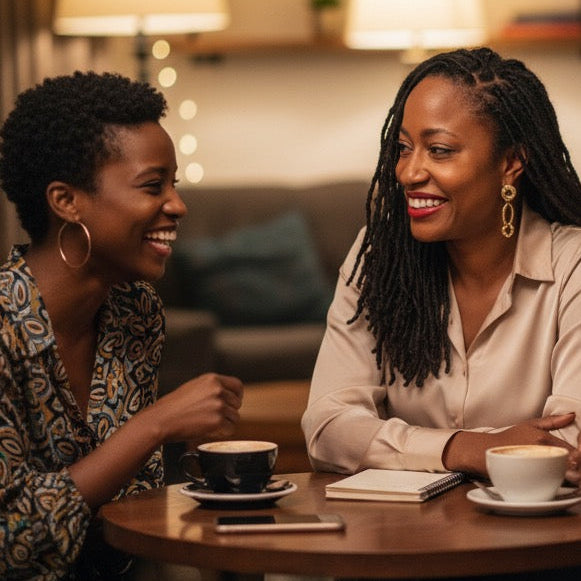 Two women sitting around a table with coffee cups, engaged in conversation, in a cozy indoor setting.